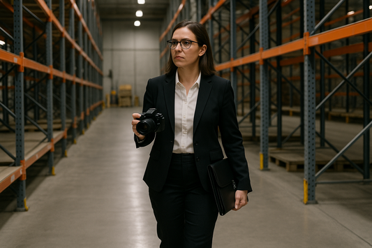 A notary public walking around a warehouse doing field inspections with camera in hand 