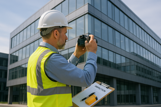 Field Inspector with a camera doing an inspection on a commercial building 